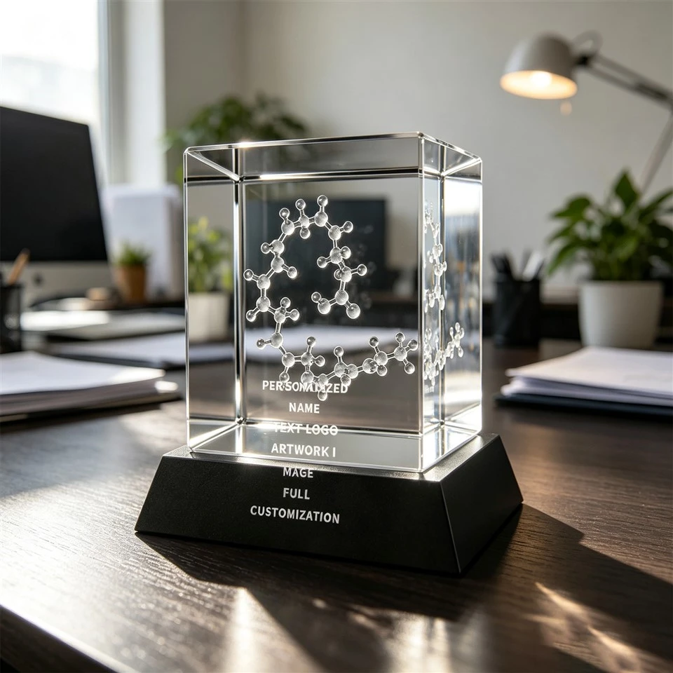 Molekil ki gen konpòtman egzanplè 3D Crystal Cube Trophy
